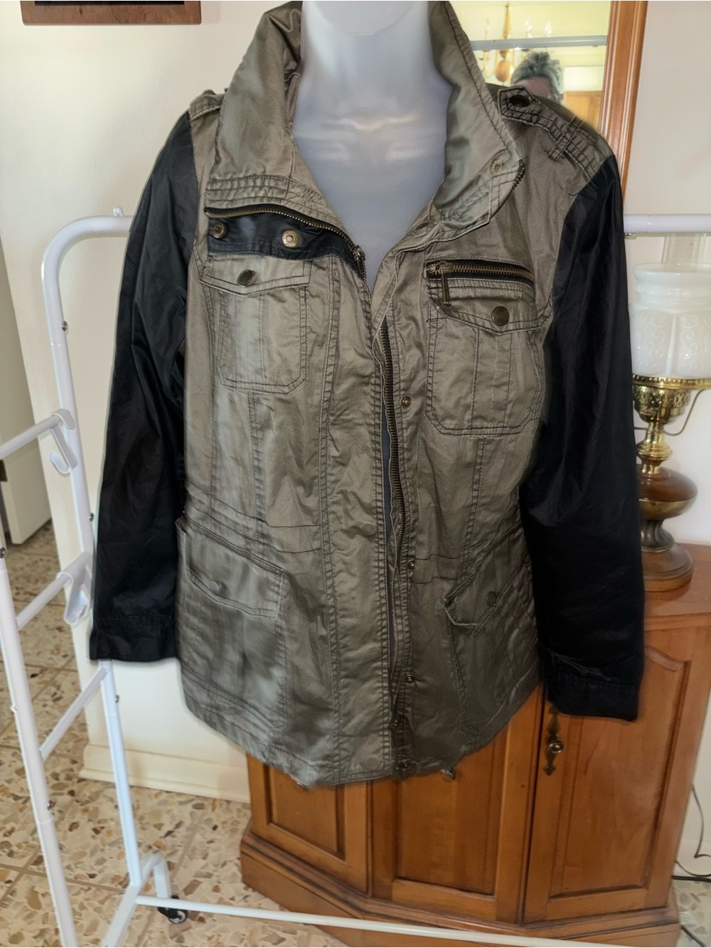 Michael Kors Olive Green Utility Jacket with Black Sleeves